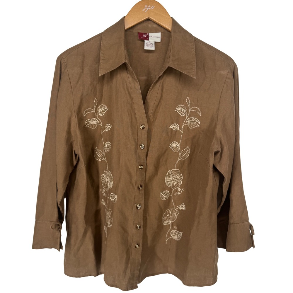 JM Collection Womens Brown Linen Embroidered Button Shirt Sz 10 Forest Fairy Vtg